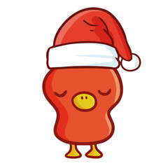 Funny and cute red chick wearing Santa's hat for Christmas and smiling - vector.