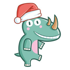 Funny and green rhino wearing Santa's hat for Christmas and smiling - vector.