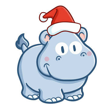 Cute and funny blue baby rhino wearing Santa's hat for Christmas and smiling - vector.