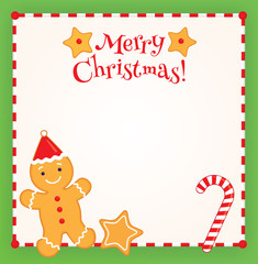 Christmas square background with place for text. Vector colorful illustration of a gingerbread man in a Santa cap, candy cane and star shaped cookies. Red and white striped border.