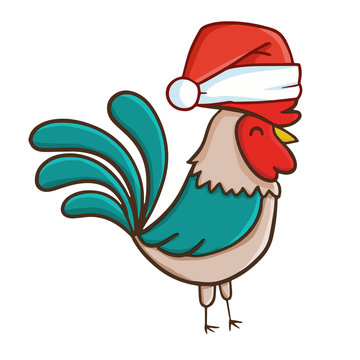 Cute and funny rooster wearing Santa's hat for Christmas and smiling - vector.