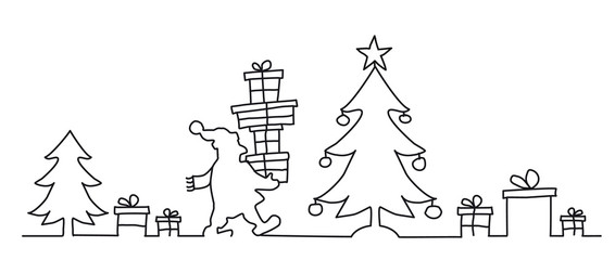 Continuous Line Art Drawing. Weihnachtsmann legt Geschenke unter den Weihnachtsbaum. Grußkarte