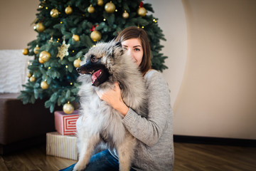 Fototapeta na wymiar Woman and a dog sitting near the Christmas tree