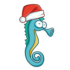 Cute and funny blue seahorse wearing Santa's hat for Christmas and smiling - vector.