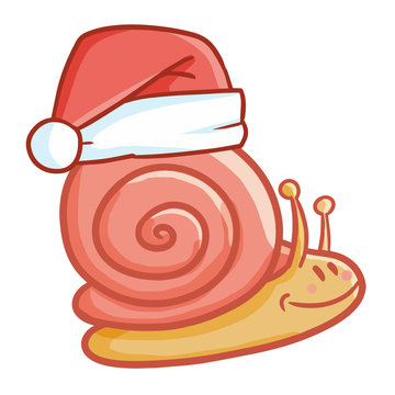 Cute and funny pink snail wearing Santa's hat for Christmas and smiling - vector.
