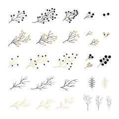 Set of Christmas elements for typographic design. Leaves, branches, berries in black and gold colour scheme. Vector illustration in modern style.