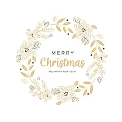 Christmas wreath with gold branches and pine cones. Unique design for your greeting cards, banners, flyers. Vector illustration in modern style.