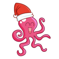 Cute and funny pink squid wearing Santa's hat for Christmas and smiling - vector.