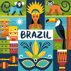 Brazil travel poster concept. Vector illustration with Brazilian culture and nature icons, including maracas, toucan, monkey, woman in carnival costume and shanty towns in trendy flat style.