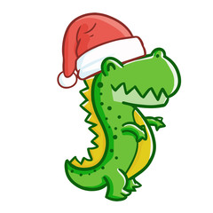 Cute and funny T-rex wearing Santa's hat for Christmas and smiling - vector.