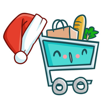 Cute and funny trolley wearing Santa's hat for Christmas and smiling - vector.