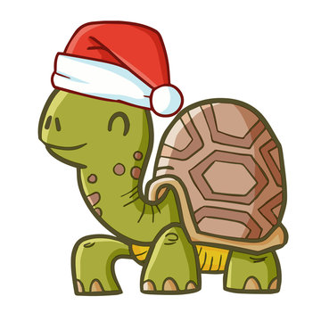 Cute and funny crawling turtle wearing Santa's hat for Christmas and smiling - vector.