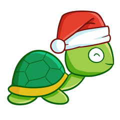 Cute and funny turtle wearing Santa's hat and smiling - vector