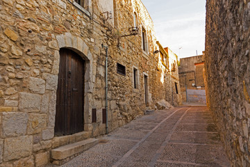 Medieval street in Girona city, Catalonia, Spain