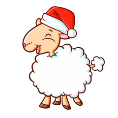 Funny and cute white sheep wearing Santa's hat for Christmas and smiling - vector.