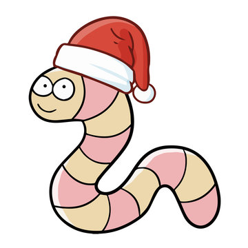 Cute and funny worm wearing Santa's hat and smiling - vector.