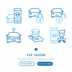 Car sharing thin line icons set of mobile app, key, blocked car, pointer, available, searching of car, pointer. Modern vector illustration.
