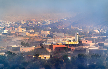 Obraz premium Panorama of Tataouine in the morning fog. Southern Tunisia