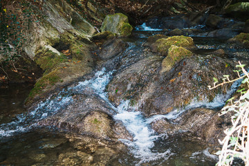 waterfall in Yalta, Crimea, summer, walk, nature, water, herbs, trees, foliage,