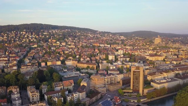Switzerland Zurich Aerial v14 Flying low around downtown area cityscape views sunset 8/17