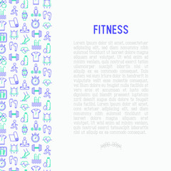 Fitness concept with thin line icons of running, dumbbell, waist, healthy food, swimming pool, pulse, wireless earphones, sportswear, yoga. Modern vector illustration for print media, web page.