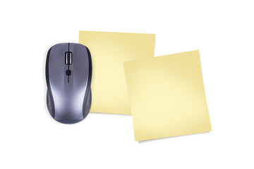 Computer Mouse and Yellow Sticky Note Paper with Copy Space