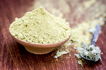 Raw organic powder of Henna,Lawsonia inermis in a clay bowl with its dry leaves on wooden surface.