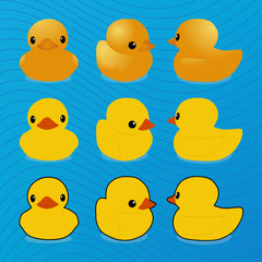 Little rubber ducky toy, vector illustration, set for greeting card, logo