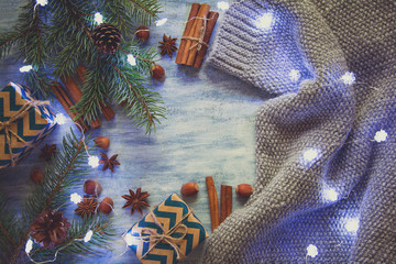 Christmas background on the blue wooden desk
