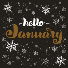 Hand drawn typography lettering phrase Hello January isolated on the dark background with snowflakes. Brush ink calligraphy inscription for winter greeting invitation card, print etc.