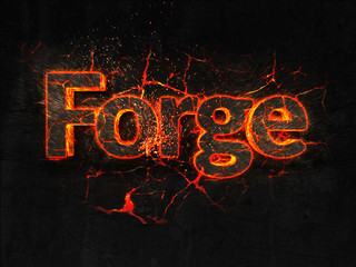 Forge Fire text flame burning hot lava explosion background.