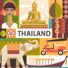 Thailand travel poster concept. Vector illustration with Thai culture and food icons, including golden statue of Buddha, a woman from the long neck village, elephant, boat, tuk tuk and durian.
