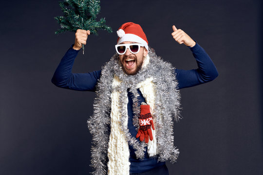 Man On A Black Background Is Happy, Party, Christmas Clothes, Holiday