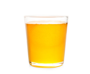 Glass with aromatic honey on white background