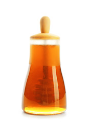 Jar with aromatic honey on white background