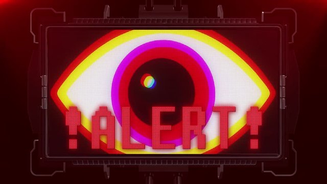 jumpy RGB red eye symbol and alert warning on futuristic screen display background animation seamless loop ... New quality universal close up vintage dynamic animated colorful joyful cool video