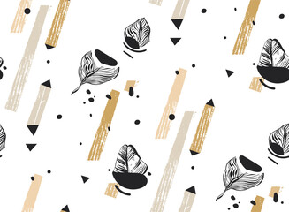 Handgezeichnete Vektor abstrakte freihändig strukturierte nahtlose tropische Mustercollage mit geometrischer Form, organischen Texturen, Dreiecken und Palmblättern in Khaki-Farben isoliert auf weißem Hintergrund