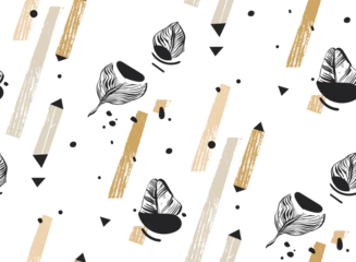 Foto op Plexiglas Tropische bladerprint Hand getekende vector abstracte freehand getextureerde naadloze tropische patroon collage met geometrische vorm, organische texturen, driehoeken en palmbladeren in kaki kleuren geïsoleerd op witte achtergrond