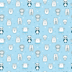 Obraz premium Background for cute little boys. Hand drawn seamless pattern for children with funny animals. Doodle children drawing background. Kids design