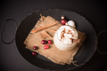 Top view of egg nog in a tray