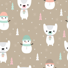 Christmas seamless pattern with cartoon bear and snowman. Christmas and New Year design. Holidays background for baby clothes