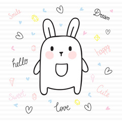 Cute hand drawn postcard with funny bunny. Card for little girl or boy. Template for your design. Doodle style. Sketchy character