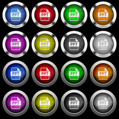 PPT file format white icons in round glossy buttons on black background