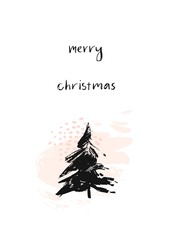 Hand drawn vector abstract Christmas decoration card template design with brush painted Xmas tree and freehand painting texture in pastel colors and modern calligraphy isolated on white background