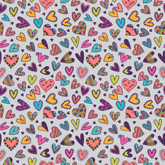 Cute seamless pattern with hand drawn hearts. Background for wedding or Valentine's Day design. Cute doodle elements