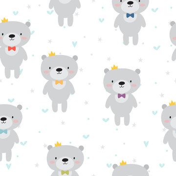 Cute seamless pattern with cartoon bear. Baby shower design. Childish print