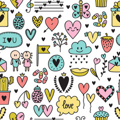 Hand drawn romantic seamless pattern. Lovely symbols. Valentine's day. Love concept. Wedding background. Sketch Birthday design elements