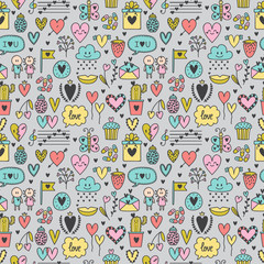 Hand drawn romantic seamless pattern. Lovely symbols. Valentine's day. Love concept. Wedding background. Sketch Birthday elements