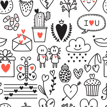 Hand drawn romantic seamless pattern. Lovely symbols. Valentine's day background. Love concept