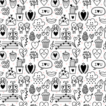 Hand drawn romantic seamless pattern. Lovely symbols. Valentine's day or wedding background. Love concept